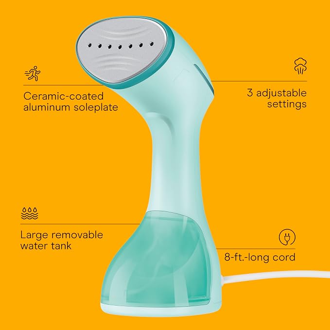 Conair Power Steam Garment Steamer, Clothes Steamer Handheld with Ceramic Soleplate, Clothing Steamer, 35-Second Heat-Up, 15-Minute Steam, Fabric Attachments, Mint Green