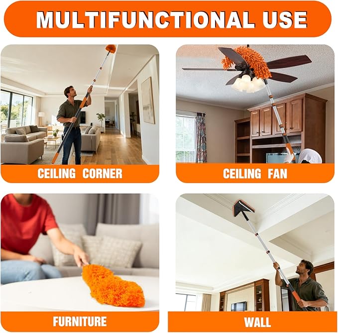 SISUPASSIE 20FT Reach Duster Cleaner Kit, Dusters for Cleaning with Extension Pole, Baseboard & Wall and Window Cleaner Mop for Fan Blades, High Ceiling and Cobweb