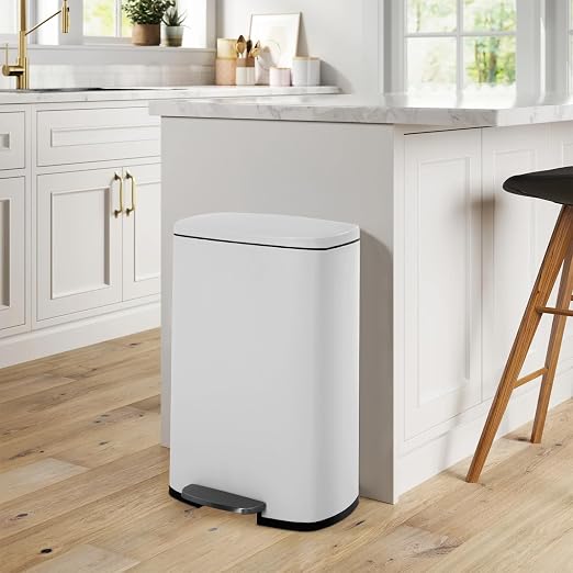 BestOffice 13 Gallon (50L) Trash Can with Lid Garbage Can Commercial Trash Can with Soft-Close Foot Pedal Fingerprint Proof Stainless Steel Trash Can for Kitchen Home Office Bedroom Bathroom, White