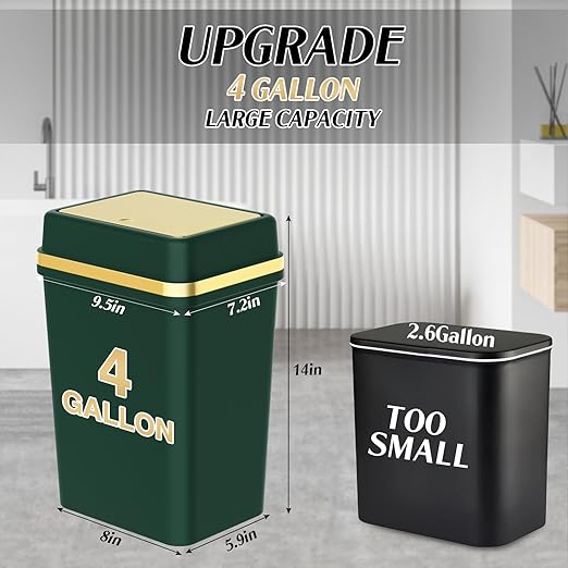 Bathroom Trash Can with Lid 4 Gallon Dark Green Trash Can with Press Top Lid Bedroom Trash Can Small Garbage Can with 150 Counts Trash Bags for Small Bathroom Bedroom Office