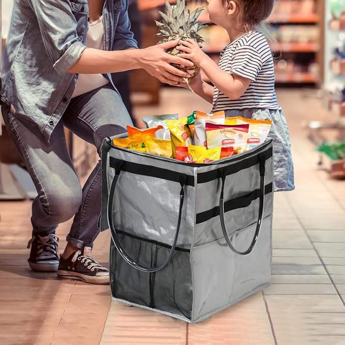 Reusable Grocery Bag On Wheels Large Capacity Shopping Trolley Foldable Rolling Tote with Outside Pocket, Heavy Duty Handle (Silver, Medium)