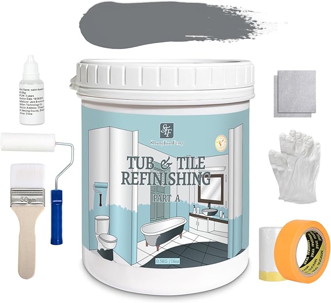Ceramic Tub and Tile Refinishing - Bathtub, Bathroom Wall, Countertop, Sink Paint - Easy to Use, Waterproof, Low Odor, No Toxic (Dark grey 50-60 sq.ft)