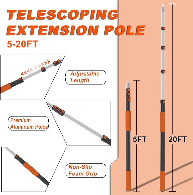 Buyplus 26ft Reach, 5 to 20ft Telescoping Pole, Paint Roller Extension Pole, Multi-Purpose Extendable Pole, Lightweight Sturdy Aluminum Telescopic Pole, Easy Flip-Tab Lock Paint Extension Pole
