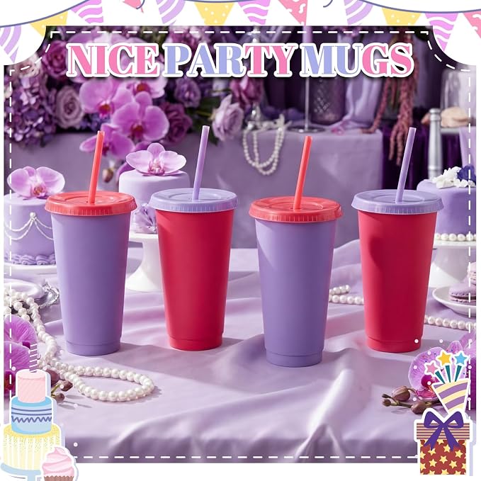 Honeydak 30 Pack Tumbler with Straw and Lid Bulk Cups for Gifts Water Bottle Iced Coffee Travel Mug Cup Reusable Plastic Tumblers for Party Birthdays 24-27 oz (Pink and Purple Color)
