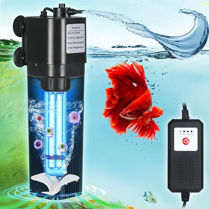 TARARIUM 40-75 Gallon U-V Aquarium Filter for Fish Turtle Tank, Swirl Turbo | Bio Sponge+U-V, Auto-Timer Bulb Lasts Longer, Clear Green Water, Quiet Internal Filter, Aeration, Saltwater Freshwater 211GPH