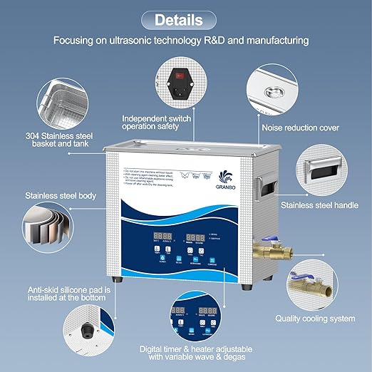 Granbo Ultrasonic Cleaner 6.5L 180W Jewelry Cleaning Ultrasonic Machine 40kHz with Heater Timer and Degassing, 110V Digital Ultrasonic Parts Cleaner for Jewelry Eyeglass Dental Parts Cleaning