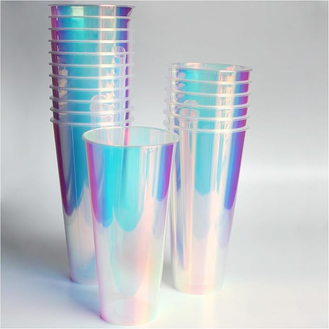 18 Pcs Iridescent Clear Plastic Cups 23oz Fancy Thick Neon Disposable Drinking Cups Cute Glitter Holographic Hard Plastic Cup for Party Decoration (Clear)