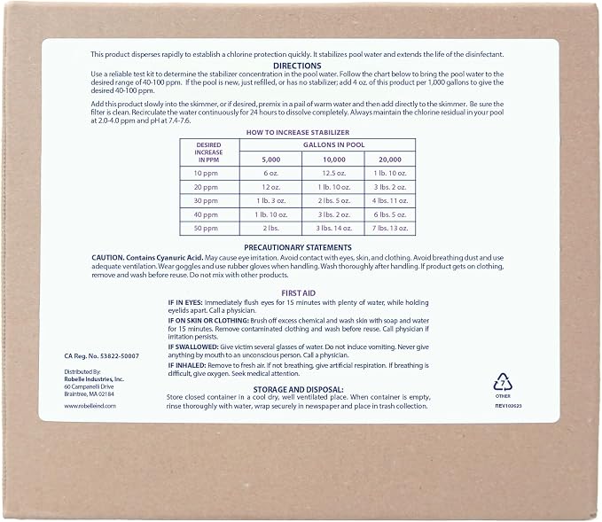 Robelle 28-Pounds Premium Chlorine Stabilizer and Conditioner, Concentrated Cyanuric Acid for Pools, Pool Stabilizer, Helps Chlorine Last Longer