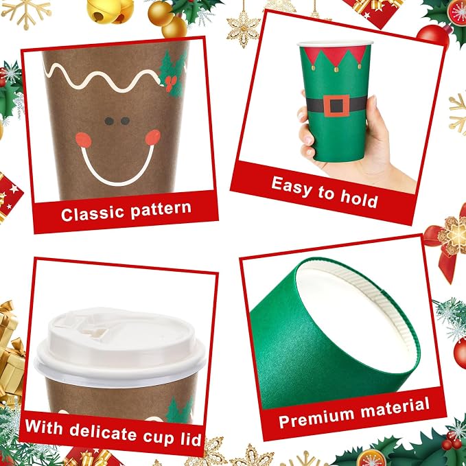 Dandat 16 oz 148 Pcs Christmas Coffee Paper Cups with Lids Disposable Christmas Paper Cups for Hot Cocoa Tea Beverage Holiday Xmas Party Supplies