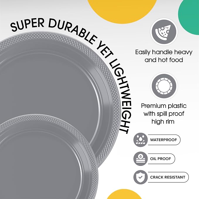 Exquisite Party Solids Silver Plates Disposable Silver Plastic Plates 100 Pieces - 50-7" & 50-9" Heavy Duty 350 GSM Disposable Dinnerware Sets, Plastic Dinnerware Sets