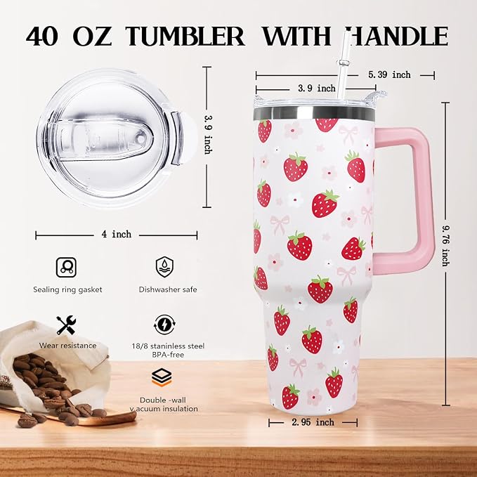 Ceovfoi 40oz Strawberry Tumbler With Handle Lid and Straw,Strawberry Floral Coffee Mug Cup Water Bottles,Strawberry Themed Gifts for Women,Strawberry Decor Stuff Accessories