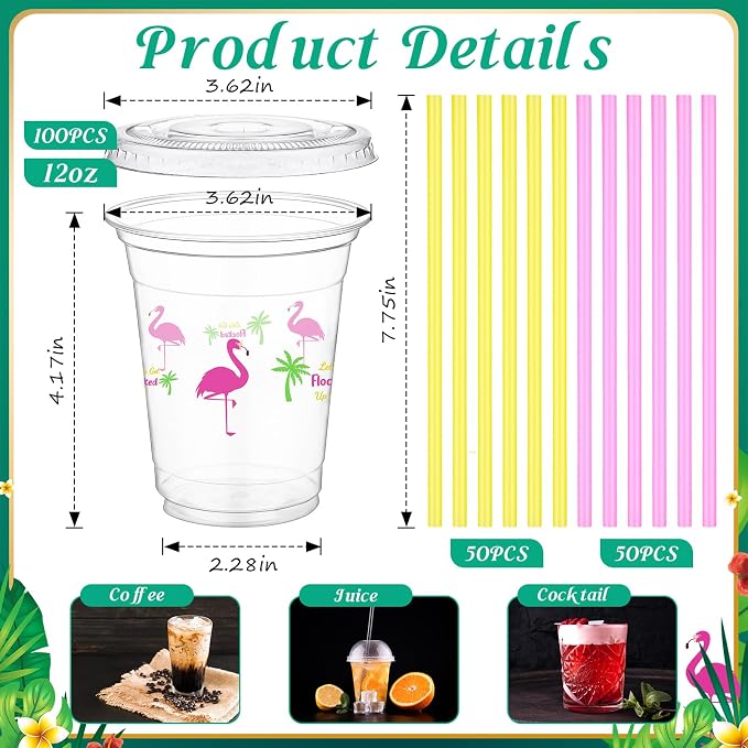 Blushtier 100 Sets 12 oz Clear Disposable Luau Cups with Lids & Straws, Flamingo Disposable Plastic Tropical Beverage Cups for Summer Tiki Party Supplies Birthday Bachelorette Drinkware Decorations