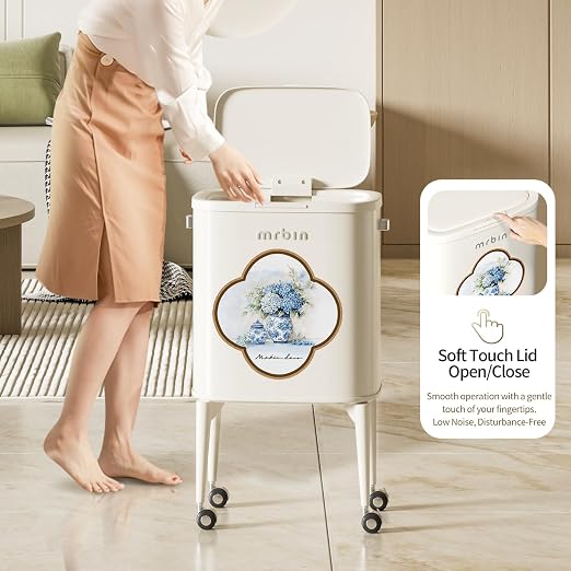 MRBIN Kitchen Trash Can with Legs, 36L / 9.5gal Tall Trash Bin with Wheels Decorative Garbage Can with Lid Pet Proof Slim Vintage Press Top, White, Blue and White Porcelain Pattern
