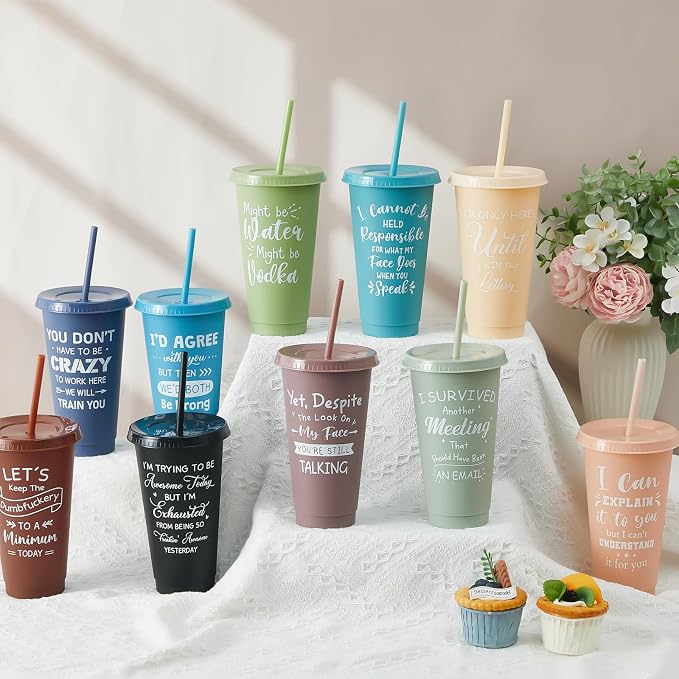 Uiifan 30 Pcs Funny Employee Gifts, Sarcastic Office Gifts for Coworkers Staff, 24oz Colorful Plastic Tumbler with Lids and Straws Bulk, Funny Tumblers for Women Man(Morandi Color)