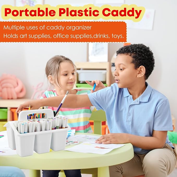 ALINK Classroom Caddy Storage Basket with Handle, 6 Pack Plastic Arts Office Crafts Caddy 4 Compartments for Kids, Pencil, Crayon, Marker, School Supplies - White