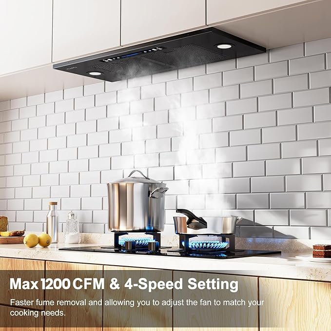HisoHu Insert Range Hood 30 Inch / 36 Inch, 1200 CFM with Ducted Convertible Ductless(Kit Included), Stainless Stee Kitchen Vent Hood with 4 Speed Exhaust(30'', Black)