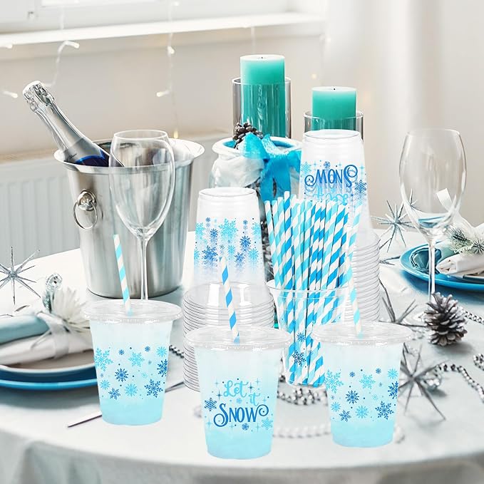 JarThenaAMCS 50Pcs Winter Christmas Plastic Cups with Lids & Straws Blue Snowflake 12Oz Disposable Clear Cold Beverage Ice Coffee Drinking Cups for Xmas Home Party Supplies
