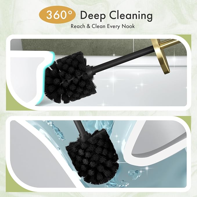 Toilet Bowl Brush and Holder Set 3 Pack with 6 Extra Brush Heads | Extra Long Handle with Splash Guard Cover, Tool-Free Installation, Bathroom Space-Saving, Cleaner Sets for Apartments, RV (Gold)