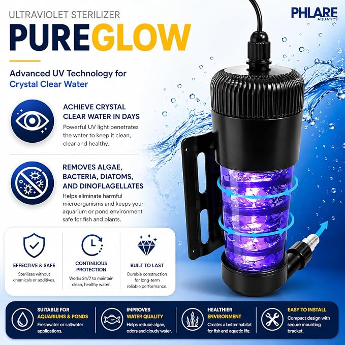 UV Aquarium Filter – 9W External UV Light for Fish Tanks & Ponds | Promotes Crystal Clear Water | Freshwater & Saltwater | Inline UV Clarifier for Aquariums
