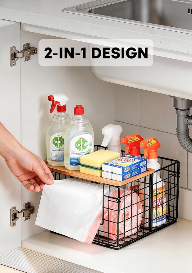 Trash Bag Dispenser Under Sink - 3-in-1 Metal Wire Plastic Trash Bag Holder with Bamboo Lid - Fits Large Trash Bag Rolls for Kitchen Cabinet, Pantry & Garage - Space-Saving Garbage Bag Dispenser