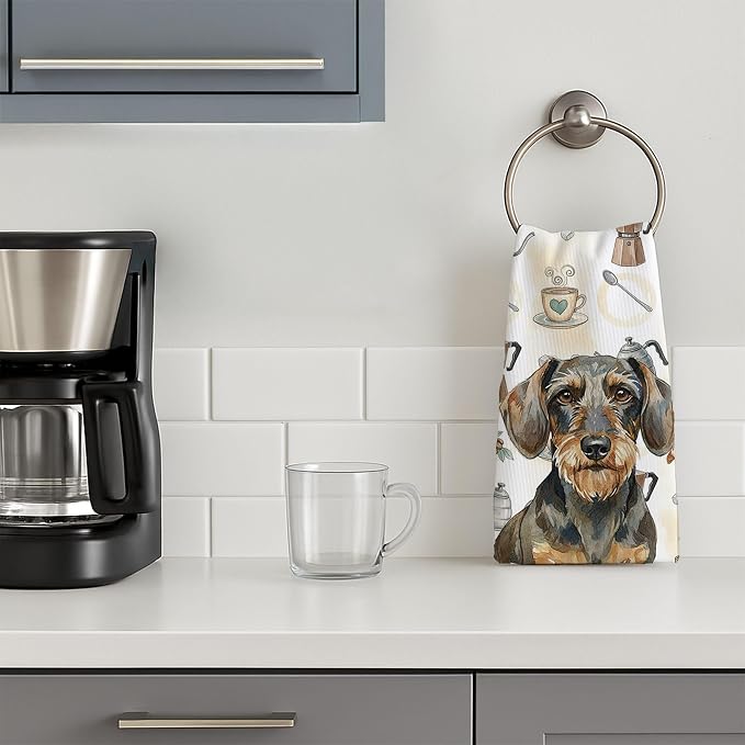 Caroline's Treasures Wirehaired Wild Boar Dachshund Coffee Bar Kitchen Towel Velour Plush Front and Cotton Loop Back Machine Washable