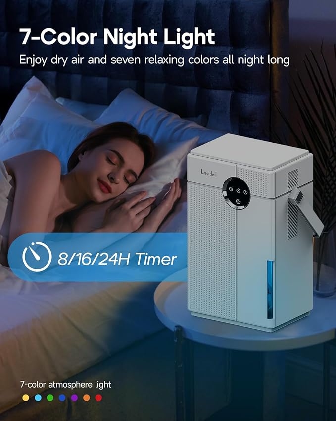 Lacidoll Small Dehumidifier with Drain Hose, Portable Dehumidifier for Bathroom, 118oz Dehumidifiers for Home 800 sq ft with 7 Colorful Light, Quiet Dehumidifiers for Bedroom RV Closet Basement,White