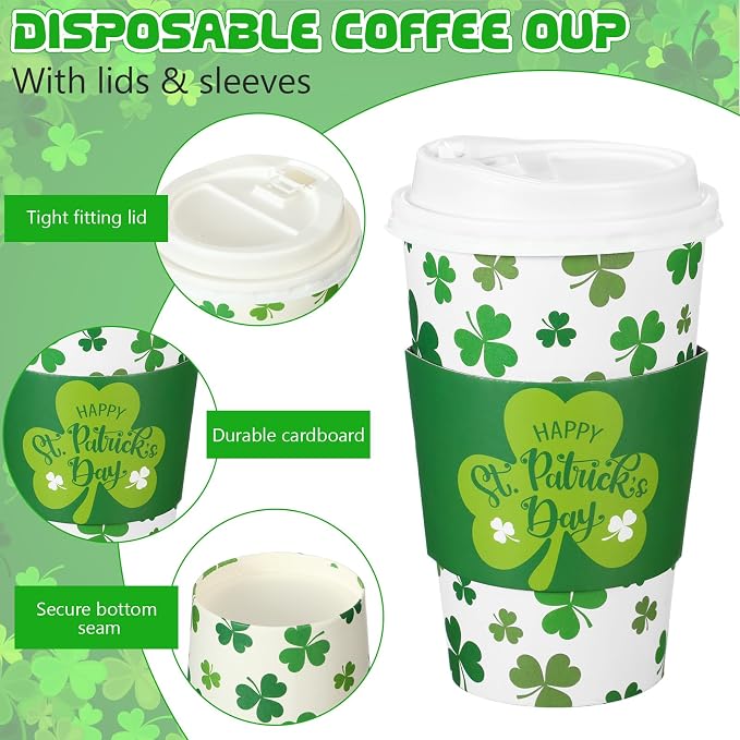 Jingmore 60 Pack St. Patrick's Day Disposable Coffee Cups with Lids and Sleeves 16 oz Irish Coffee Cups Green Shamrock Paper Cups Disposable Drinking Cups for Irish Holiday Party Supplies