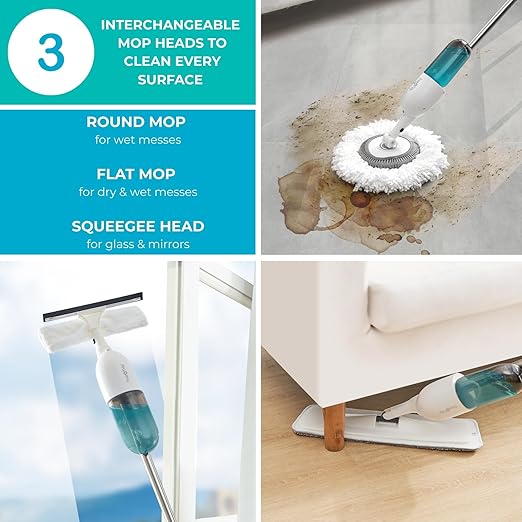 True & Tidy® White Clean Everywhere Spray Mop Kit with Three Interchangeable Heads and Refillable Tank- Includes Head, Round, and Window Squeegee Attachments with StickyPro XL Lint Roller