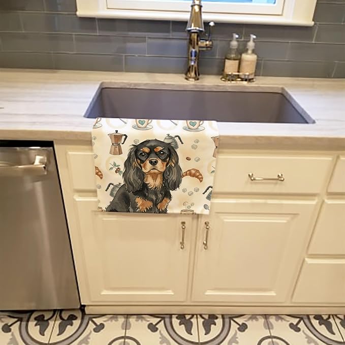 Caroline's Treasures Black and Tan Cavalier Spaniel Coffee Bar Kitchen Towel Velour Plush Front and Cotton Loop Back Machine Washable