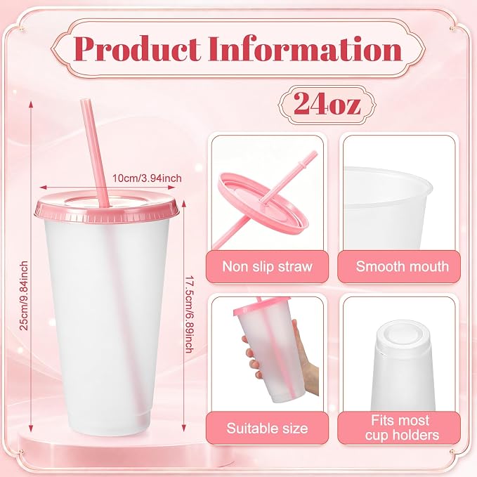 Honeydak 100 Pack Tumbler with Straw and Lid Bulk Cups for Gifts Water Bottle Iced Coffee Travel Mug Cup Reusable Plastic Tumblers for Party Birthdays 24-27 oz (Clear and Pink Color)