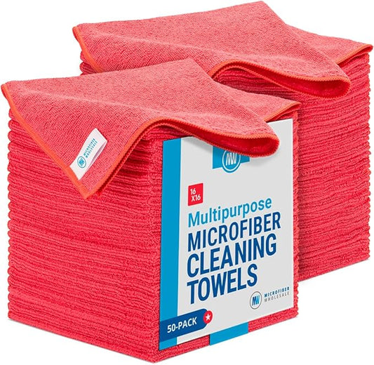 16" x 16" Economy All Purpose Microfiber Towels - 50 Pack (Red, 50 Pack)