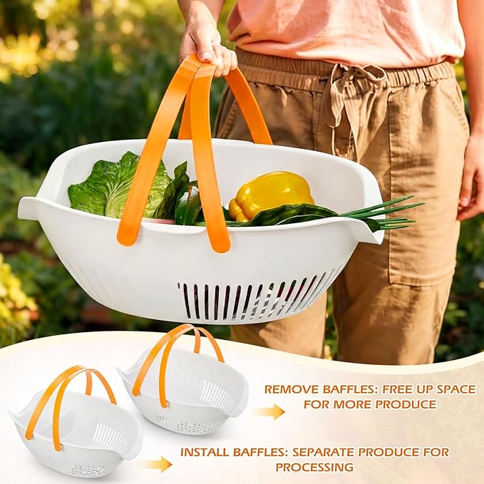 Nuogo 3 Pcs Garden Harvest Basket, Removable Partitions with Tool Caddy for Collecting, Carrying, and Cleaning Harvesting Basket Doubles Colander for Vegetables and Fruits Garden Accessories(White)