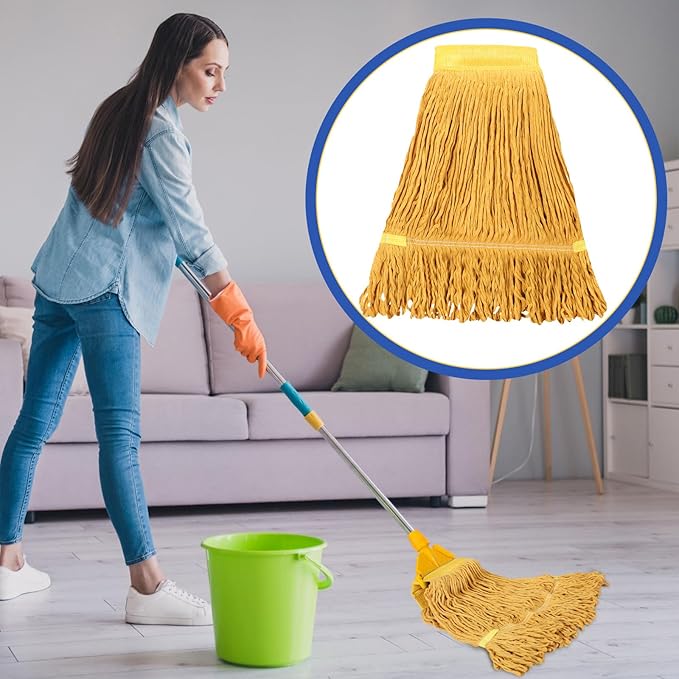 Roshtia 16 Pack Mop Head Replacement Large Heavy Duty Mop Head Commercial Replacement Looped End Cotton String Industrial Washable Mophead Refills for Commercial Industrial Home Cleaning(Blue, Yellow)