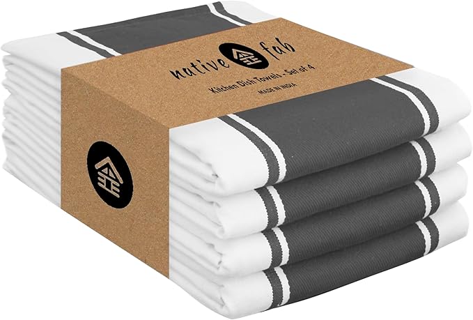 Native Fab Gray Kitchen Dish Towels 18x28 Inch, Set of 4, Wide Stripe, Super Absorbent, Fast Dry, Soft, 100% Cotton Towels for Wiping Hands, Drying Dishes, Cleaning Spills Dish Cloths Set - Grey