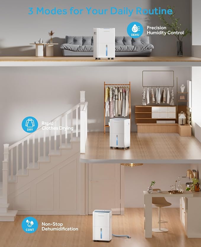 Dehumidifier for Basement & Large Room, Color Humidity Ring Light, Quiet for Home & Bedroom, Drain Hose Included, 3 Modes, Auto Humidity Control (Off-White, 1,500 Sq.Ft)