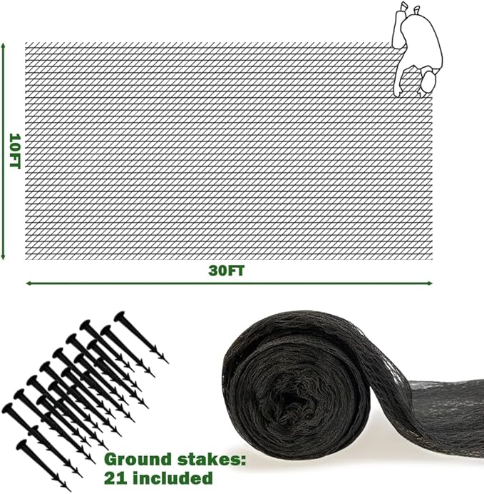 10x30ft Pond Netting for Leaves Leaf Net Cover Pond Net with Small Fine Mesh Protecting Koi Fish from Birds Cats Stakes Included