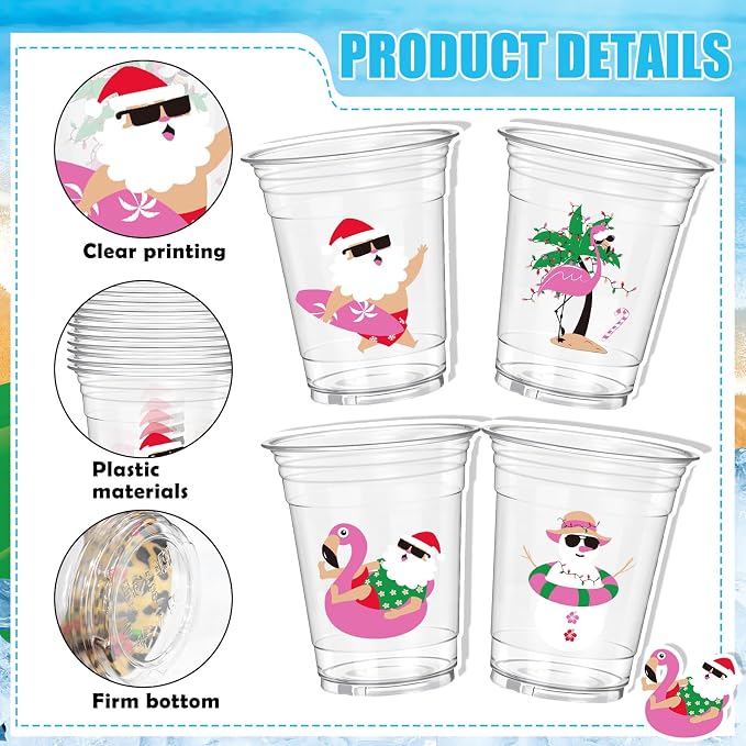 Rngmsi July Christmas Plastic Cups - 50 Pcs Christmas Decorations for Party, 12 OZ Summer Disposable Cups, Xmas Party Supplies Favor