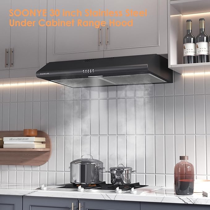 30 inch Black Under Cabinet Range Hood, Stainless Steel Slim Kitchen Vent Hood Ducted/Ductless Convertible with 3 Speed Controls, 5-Layer Aluminum Filters,LED Lights