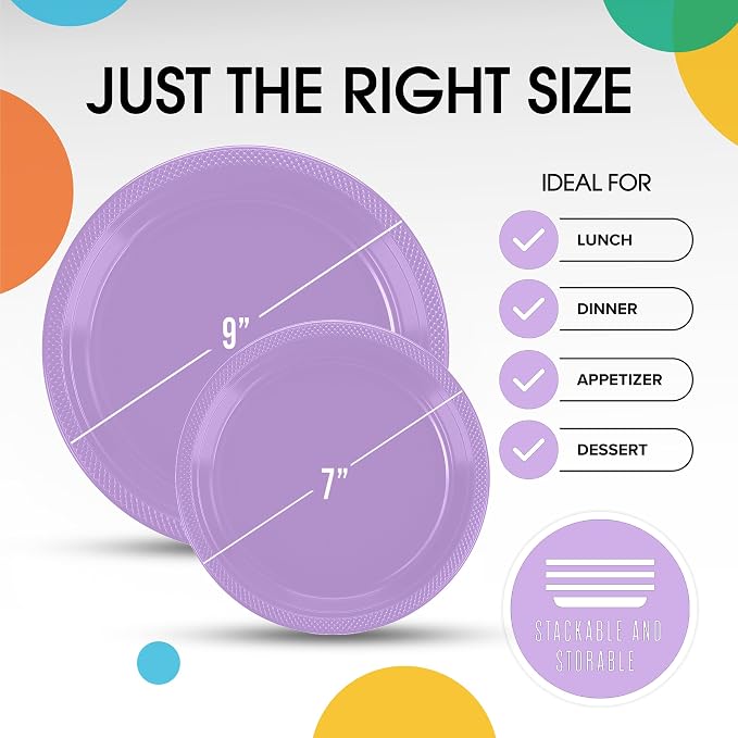 Exquisite Party Solids Lavender Plates Disposable Lavender Plastic Plates 100 Pieces - 50-7" & 50-9" Heavy Duty 350 GSM Disposable Dinnerware Sets, Plastic Dinnerware Sets