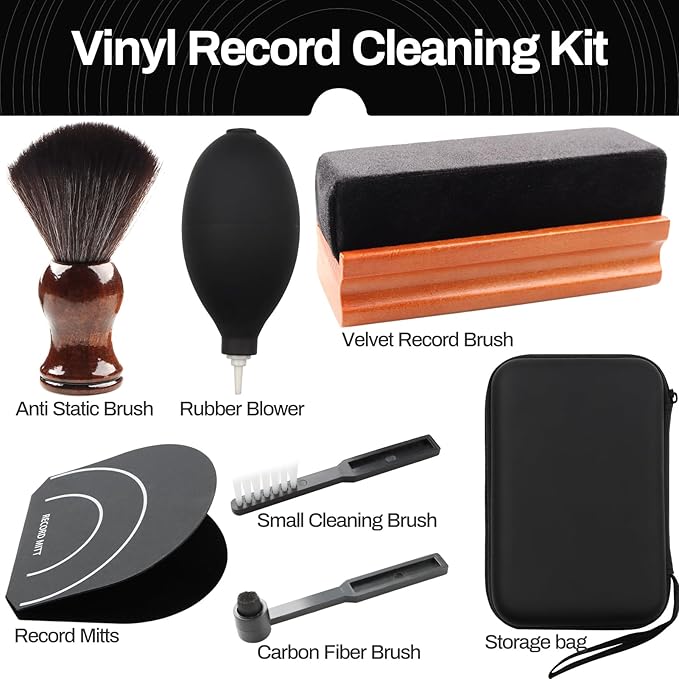 Vinyl Record Cleaning Kit Cleaner Player Cleaning Accessories Album Care Velvet Anti Static Carbon Fiber Stylus Brush Rubber Blower Record Mitts Storage Bag (7-in-1 Vinyl Record Cleaning Kit)