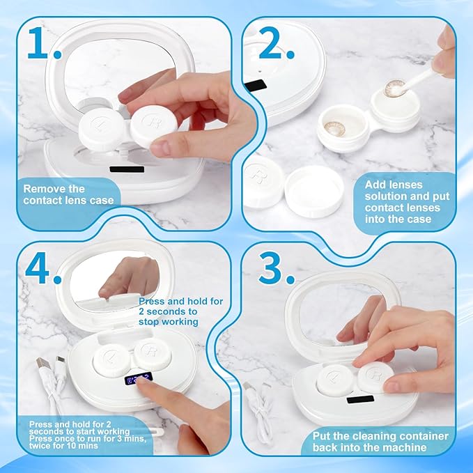 Contact Lens Cleaner, Portable Ultrasonic Contact Lens Cleaning Machine with USB Charger, LED Timer Display & 5 Contacts Solution Cases Kit for Soft Hard Colored RGP Lenses (White)