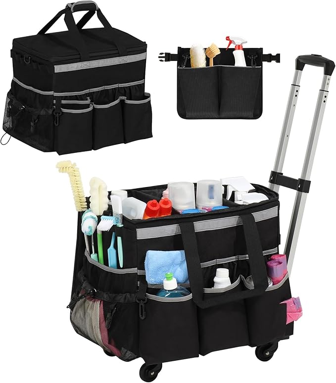 Rolling Cleaning Caddy, Cleaning Supplies Organizer with Cleaning Caddy Apron, Large Cleaning Caddy Bag with Detachable Trolley, Handles and Shoulder Strap for Cleaners Housekeepers, Black