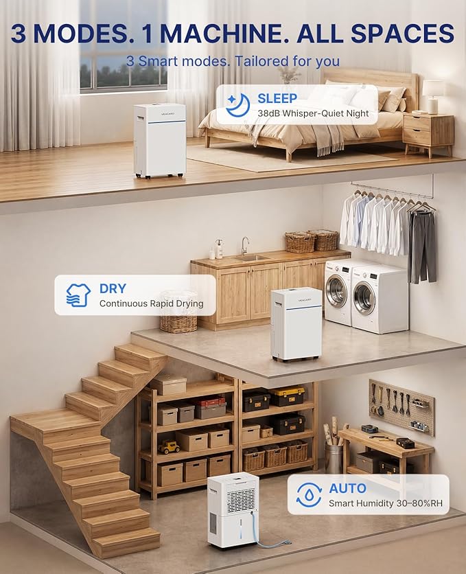 VEAGASO 2500 Sq.Ft. Dehumidifier for Basement with Drain Hose, 32 Pints Dehumidifiers for Home, Bedroom, Garage, 38dB Sleep Mode, Auto-Defrost, 3 Modes, 24H Timer