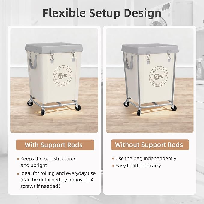 STORAGE MANIAC Commercial Laundry Hamper with Heavy Duty Steel Frame, 160 L Industrial Clothes Basket Cart with Wheels for Hotel, Home, Laundry Room, 18''L x 18''W x 31''H, Medium Beige