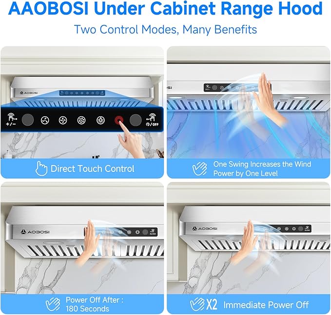 AAOBOSI Range Hood 30 inch Under Cabinet, (Upgraded)800-CFM Gesture Sensing/Touch Control/Motor,3 Speed Range Hood with LED Lights Exhaust Fan, Stainless Steel Kitchen Vent Hood