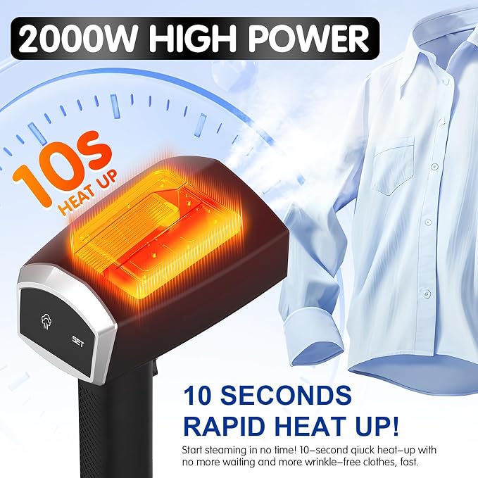 Handheld Garment Steamer for Clothes, 2000W, 10s Heat-Up, 350ml Tank | 40g/min steaming with 3 settings for delicate to heavy fabrics, Leak-Proof, Use for Travel, Home, Office, Wardrobe Care