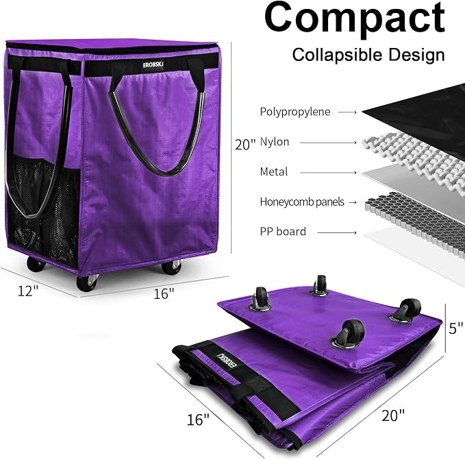 (Medium,Violet) Reusable Grocery Bag on Wheels, 70L Foldable Rolling Tote, Extra Storage for Shopping, Zipper Clouser Shopping Carts for Groceries, Laundry, Camping, Moving, 4 Heavy Duty Wheels