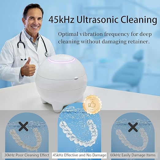 Ultrasonic Retainer Cleaner Machine 45kHz, Ultrasonic Denture Cleaner with UVA +UVC for Aligner, Nightguard, Mouthguard etc Oral Dental Care, (White)
