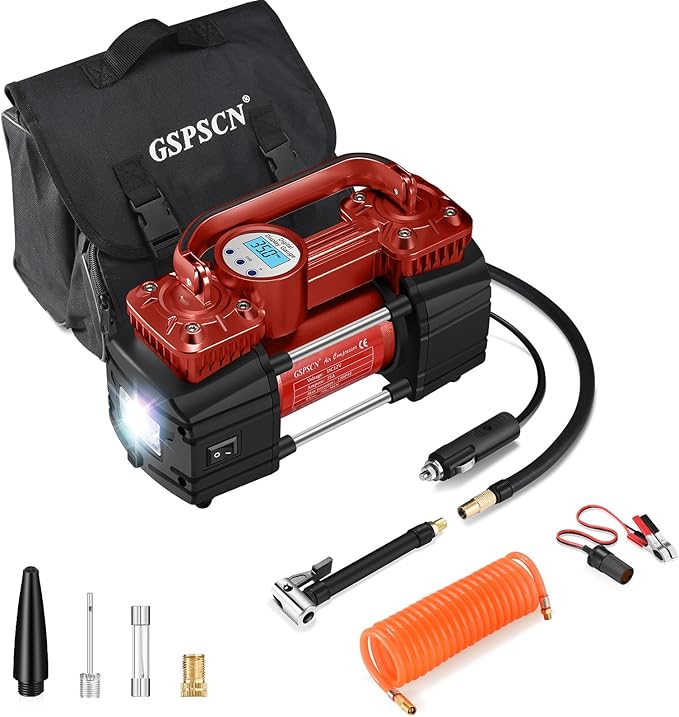 GSPSCN Heavy Duty Digital Tire Inflator 12V Portable Air Compressor Pump | 6X Faster Inflation Auto Shut-off Double Cylinders Metal Air Pump 150Psi with LED Light for Pickup,Truck,Car,Bicycles,RV,SUV