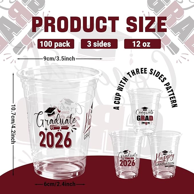 100 Pack Graduation Plastic Cups 12 oz Red Disposable Class of 2026 Decorations Graduation Party Favor Drinking Beverage Cup for Party Supplies Decorations
